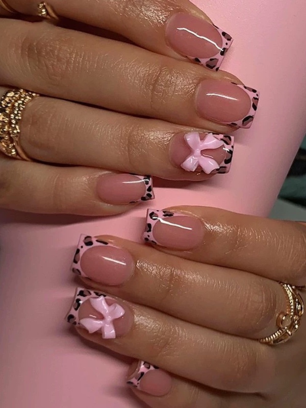 Pink Leopard Tip Press-On Nails with Bow Accent
